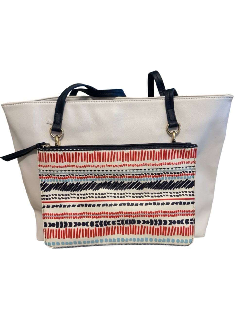 NWOT Signature White /Navy Tote Bag / Detachable Patterned Pouch Crossbody